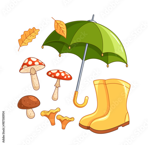 Charming Cartoon Vector Illustration Depicting a Variety of Autumn Elements Including a Green Umbrella, Rain Boots