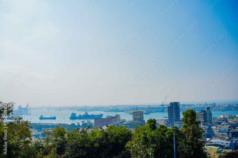 Kaohsiung, Taiwan, Republic of China, 01 25 2024: The landscape of Kaosiung port harbor, downtown, taiwan strait, and shoushan mountain Kaohsiung, Taiwan, Republic of China, 01 25 2024: The landscape of Kaosiung port harbor, downtown, taiwan strait, and shoushan mountain