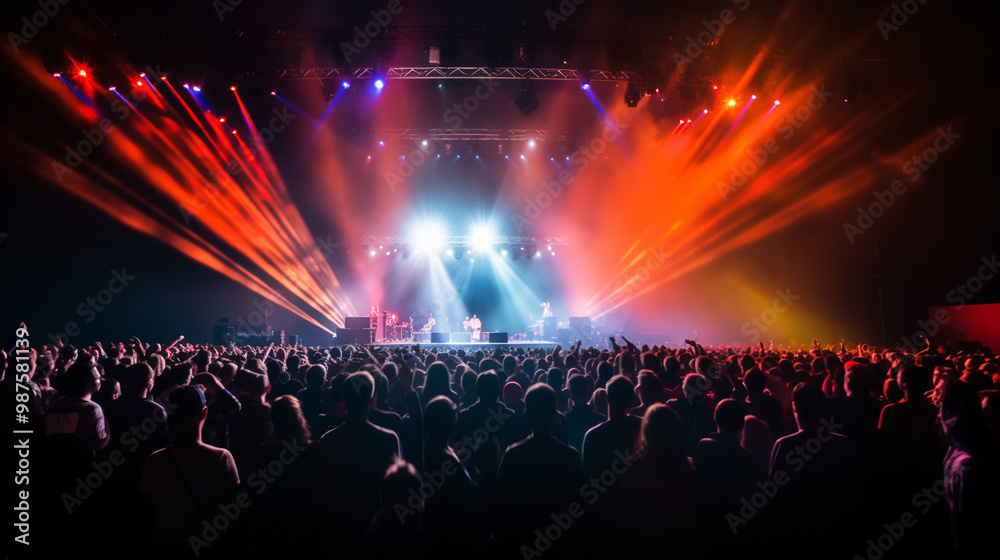 Audience with hands raised at a music festival and lights streaming down from above the stage. Soft focus, blurred movement. Audience with hands raised at a music festival and lights streaming down from above the stage. Soft focus, blurred movement.
