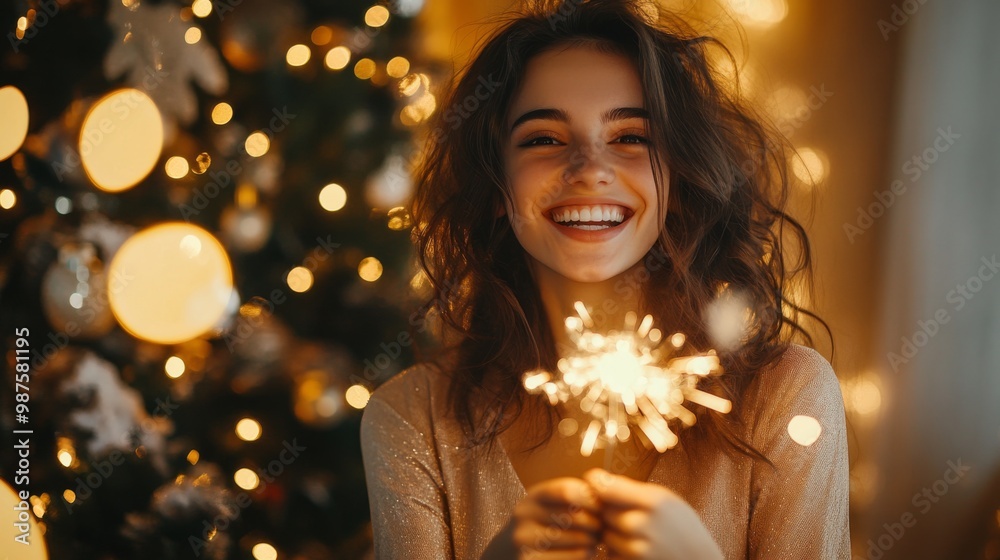 Girl with a sparkler near the Christmas tree. A cheerful young woman with a cute smile in a beige dress is standing and holding a sparkling sparkler in the hands against the background of the christma Girl with a sparkler near the Christmas tree. A cheerful young woman with a cute smile in a beige dress is standing and holding a sparkling sparkler in the hands against the background of the christma