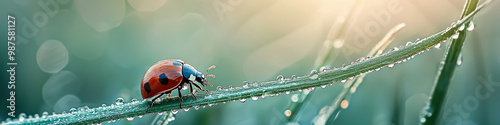 Ladybug crawling on a blade of grass in a spring meadow photo