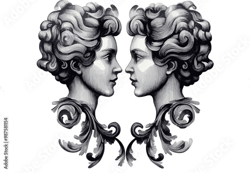 A highly detailed black-and-white ink illustration of the Gemini zodiac sign on a white background. The symbol shows two mirrored figures with intricate engravings and delicate orn