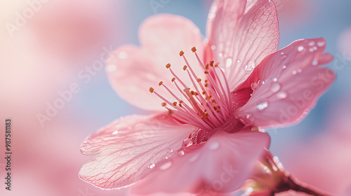 Macro shot of a cherry blossom petal in full bloom, with delicate pink hues highlighted by the gentle light of a spring afternoon