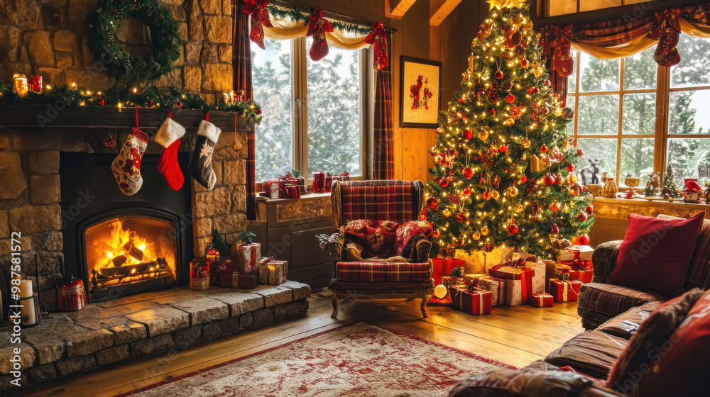 Cozy Christmas living room with a decorated tree, fireplace, and festive garlands. Cozy Christmas living room with a decorated tree, fireplace, and festive garlands.