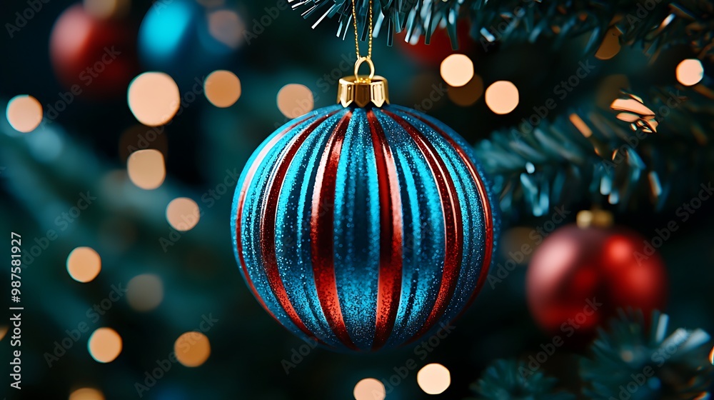Fototapeta premium Blue and red ornaments gleam on a Christmas tree, surrounded by twinkling lights.