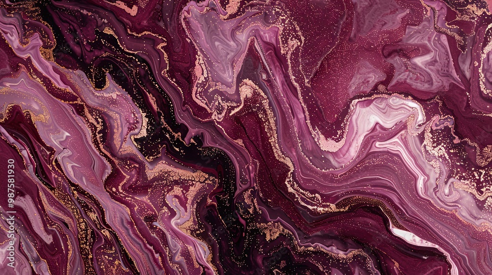 Obraz premium Deep burgundy backdrop with pale pink and copper marbled ink offering a bold abstract composition