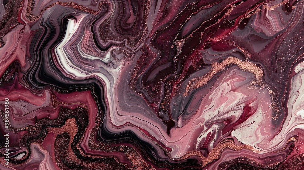 Fototapeta premium Sophisticated burgundy backdrop with marbled pink and copper ink creating layered textures