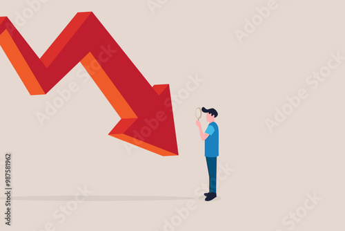 Businessman with magnifying glass look down graph. concept of economic crash, investing failure, price drop, recession, investment risk concept and market