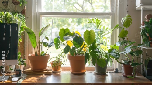 Potted houseplants on a windowsill with sunlight coming through the window. Indoor gardening and natural decor concept.