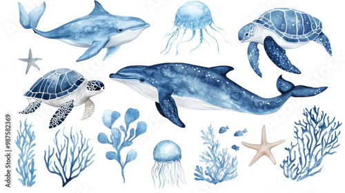 Blue watercolor sea creatures: fish, turtle, whale, and coral with nautical elements.