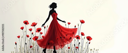 Elegant woman silhouette in flowing red dress with poppies against white background