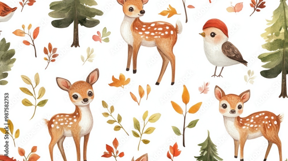 Naklejka premium Woodland animals watercolor pattern with baby deer, trees, and birds.