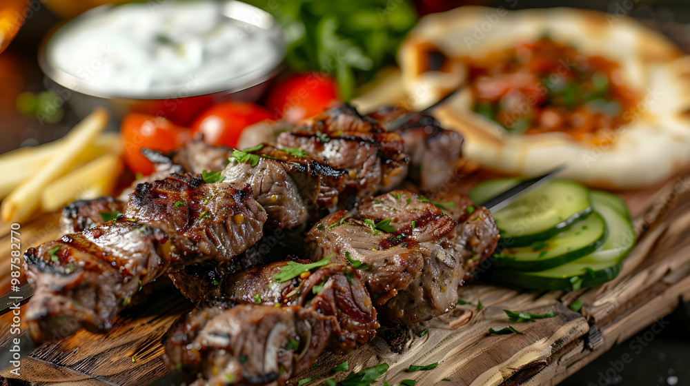 Close-up of Grilled Meat Skewers with Cucumber Slices Close-up of Grilled Meat Skewers with Cucumber Slices