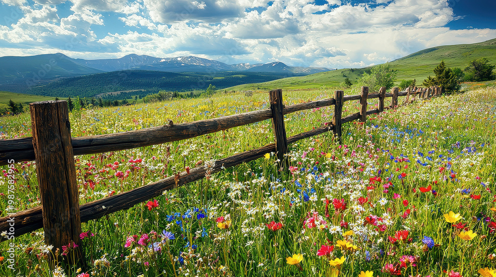 Fototapeta premium A stunning view of a mountain meadow filled with diverse and colorful wildflowers, framed by a rustic wooden fence with a backdrop of majestic snow-capped peaks and a vivid blue sky.