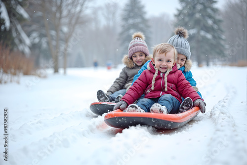 Three happy children sledding together in the snow on a winter day