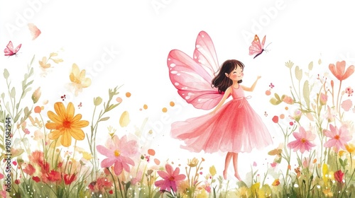 Watercolor of a pink fairy surrounded by flowers, ideal for baby shower or birthday cards.