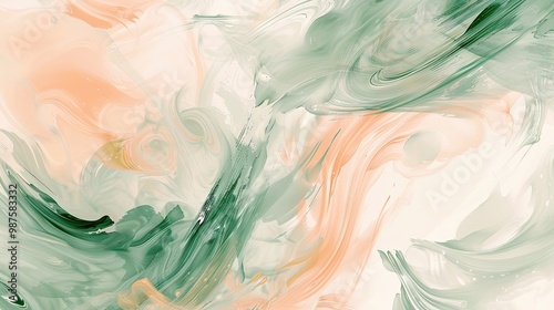 Vibrant green and peach strokes create a swirling pattern on a light taupe backdrop photo