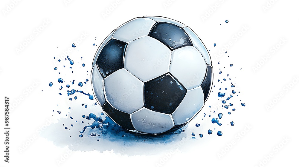 Fototapeta premium A watercolor soccer ball explodes in a splash of water, frozen in motion.
