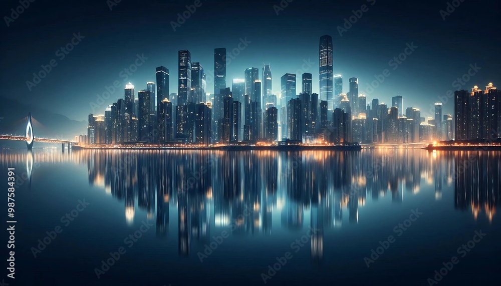 Obraz premium Stunning futuristic city skyline at night, with glowing lights reflecting on calm water. The illuminated bridge adds to the modern architectural beauty. Perfect for urban, sci-fi, and cityscape themes