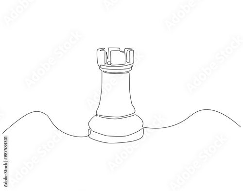 Continuous one line drawing of chess rook. One line drawing illustration of international chess day. Chess game, strategy, competition concept line art. Editable outline