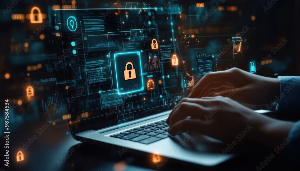 Business professional using a laptop with security interface, focusing on cybersecurity and data protection in a digital environment Business professional using a laptop with security interface, focusing on cybersecurity and data protection in a digital environment