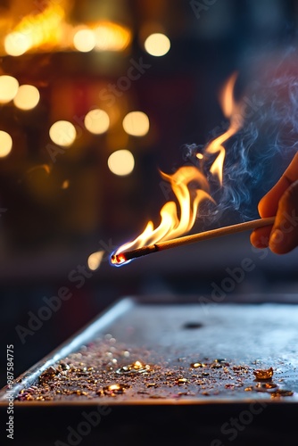 A person's hand holding a lit incense stick, with smoke and flames visible. The incense is being held over a surface covered in gold foil and small, photo