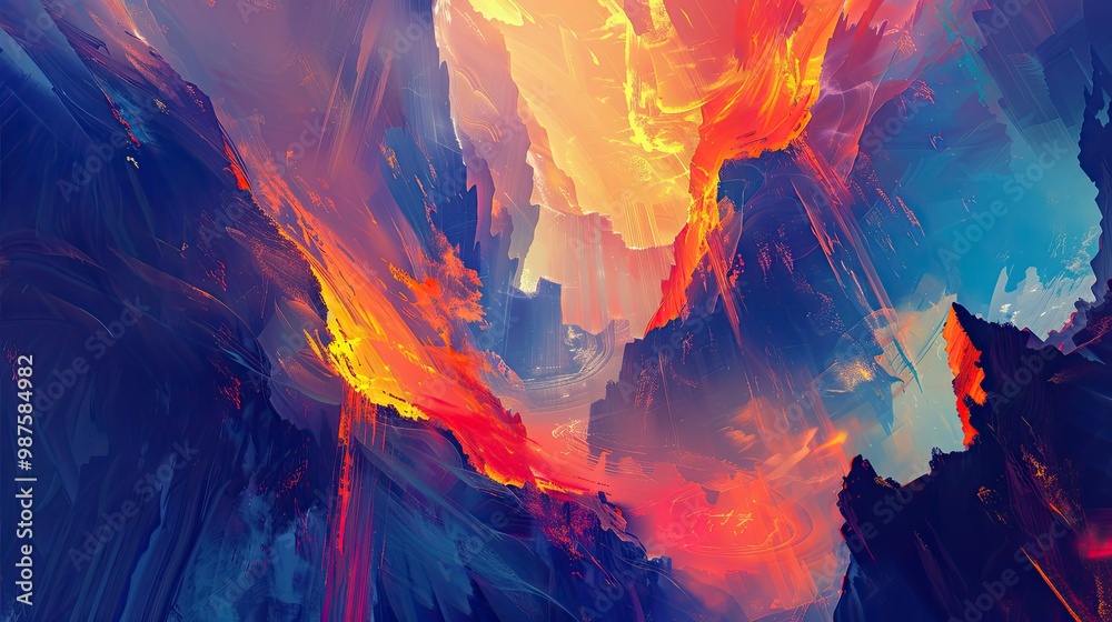 Bold amber and cobalt brushstrokes depicting a rocky canyon and sunset reflection Bold amber and cobalt brushstrokes depicting a rocky canyon and sunset reflection
