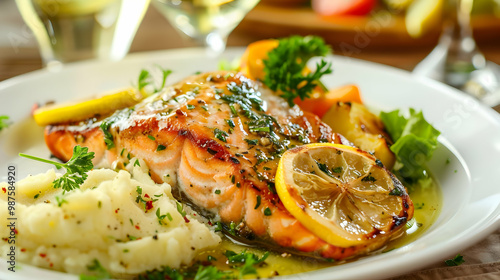 Grilled Salmon with Lemon Wedges and Mashed Potatoes