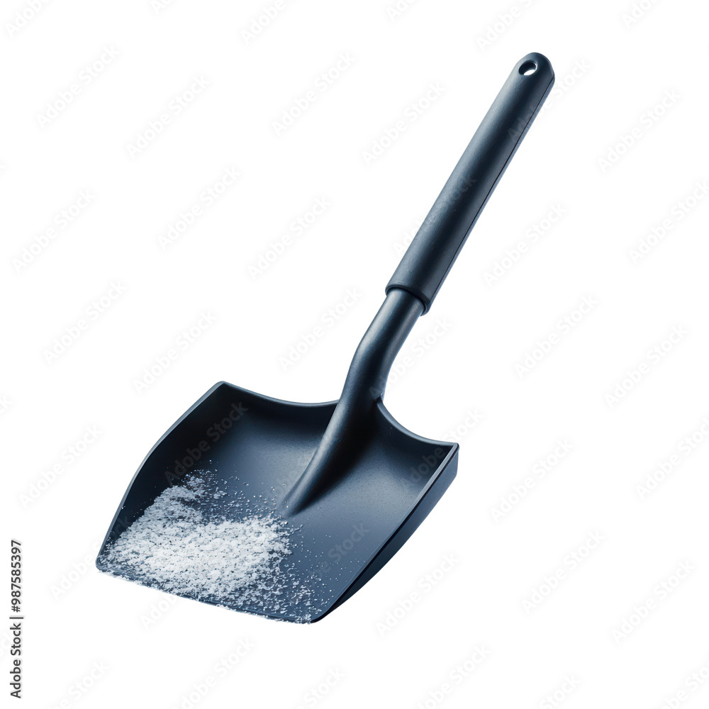 A black scoop shovel with a smooth handle, displaying a small pile of white powder, set against a dark background. A black scoop shovel with a smooth handle, displaying a small pile of white powder, set against a dark background.