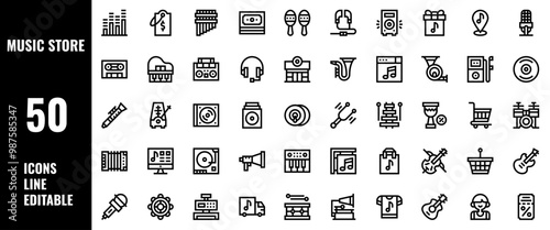 50 Music Store Icons Set Pack Line Editable Vector Illustration