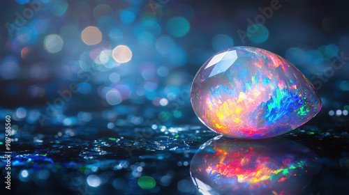 An opal gemstone displaying an intense play of colors, set against a shimmering background, capturing the essence of nature's artistry and the brilliance of opal's unique beauty. photo