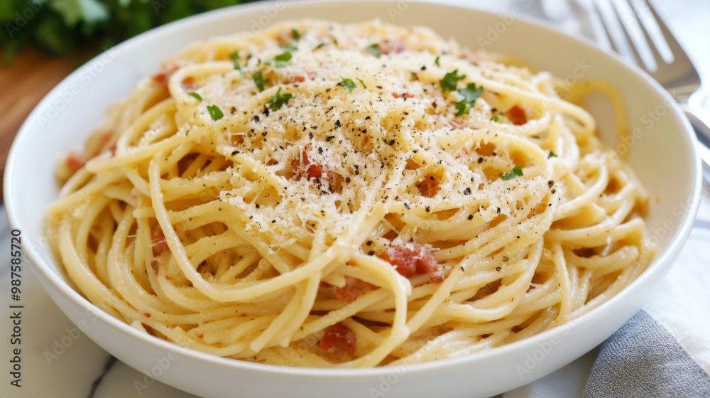 A serving of spaghetti carbonara with a generous topping of grated cheese and a sprinkle of black pepper, presented in a white ceramic bowl with a fork on the side. A serving of spaghetti carbonara with a generous topping of grated cheese and a sprinkle of black pepper, presented in a white ceramic bowl with a fork on the side.