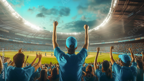 Fans celebrating victory in a cricket match. Crowd cheering and supporting a cricket team in a cricket stadium full of crowd photo