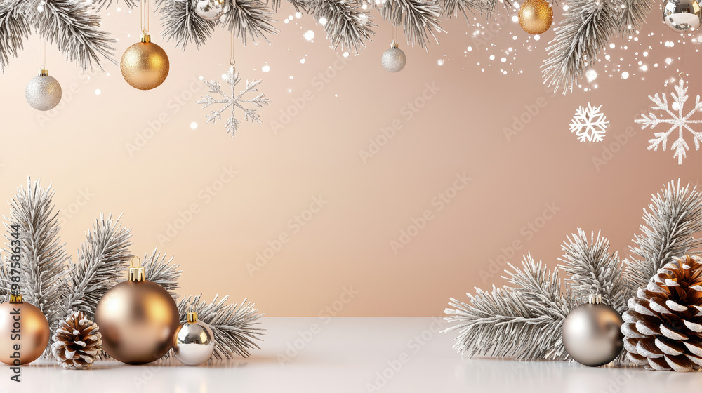 Fototapeta premium Elegant Christmas decorations featuring silver and gold ornaments, pine branches, and snowflakes on a soft beige background