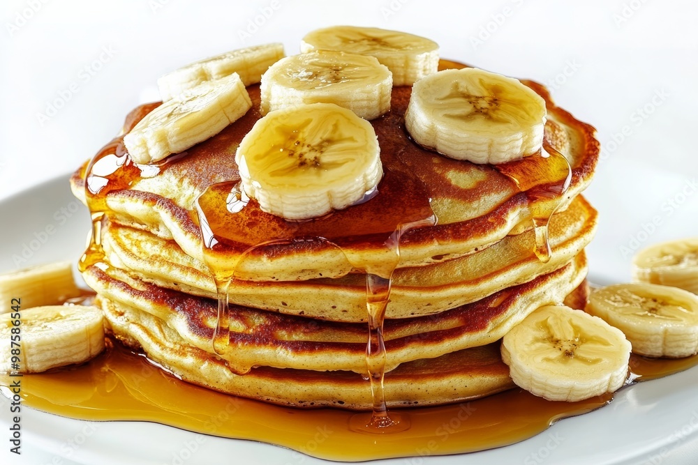 Stack of banana pancakes topped with sliced bananas and maple syrup on solid white background, single object Stack of banana pancakes topped with sliced bananas and maple syrup on solid white background, single object