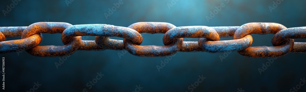 Rusty chain that is connected to a blue background Rusty chain that is connected to a blue background