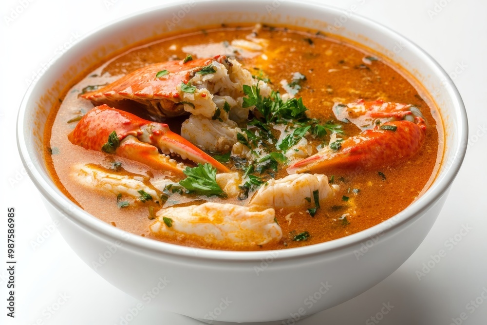 Rich crab soup with visible chunks of crab meat and herbs, on solid white background, single object Rich crab soup with visible chunks of crab meat and herbs, on solid white background, single object