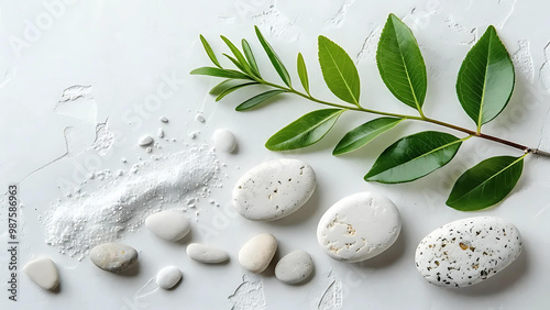 A serene composition featuring green foliage and smooth stones on a neutral backdrop, conveying tranquility