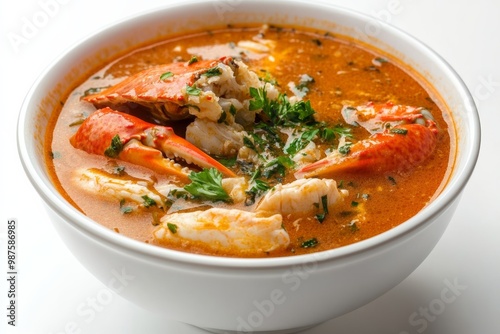 Rich crab soup with visible chunks of crab meat and herbs, on solid white background, single object