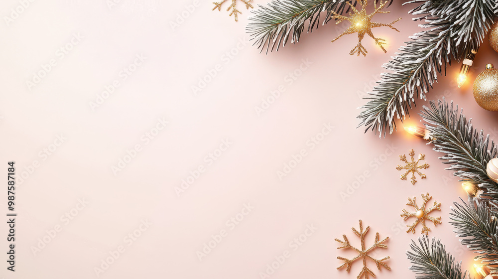Festive winter arrangement of frosted pine branches, gold ornaments, and sparkling snowflakes on a soft pastel background Festive winter arrangement of frosted pine branches, gold ornaments, and sparkling snowflakes on a soft pastel background