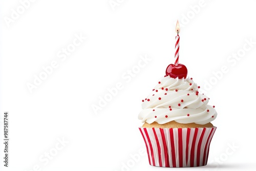 Delicious cupcake with creamy frosting, cherry on top, and a birthday candle. Perfect for celebrations and sweet treats. photo