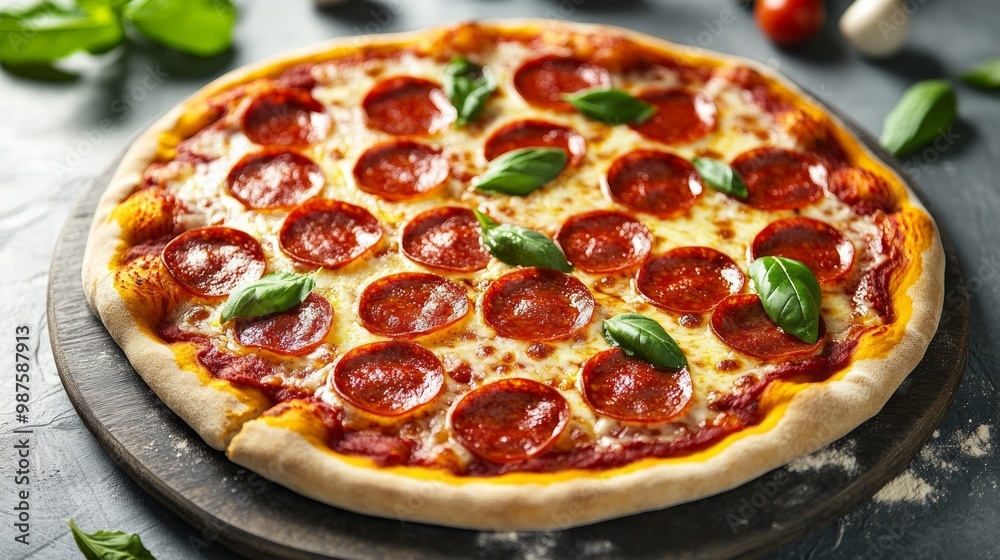 Tasty pepperoni pizza with basil on grey table Tasty pepperoni pizza with basil on grey table