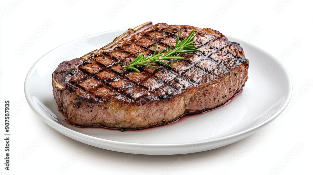 Delicious grilled steak on a white plate, garnished with fresh rosemary, showcasing a perfect sear and juicy texture. Delicious grilled steak on a white plate, garnished with fresh rosemary, showcasing a perfect sear and juicy texture.