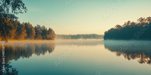 Serene Misty Lake During Golden Hour in Summer