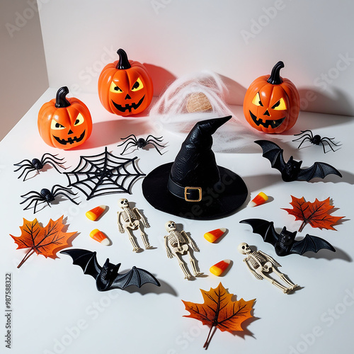 Realistic Halloween decorations displayed on a pure white background