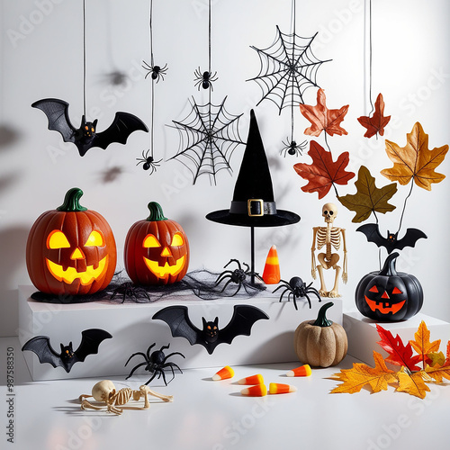 Realistic Halloween decorations displayed on a pure white background