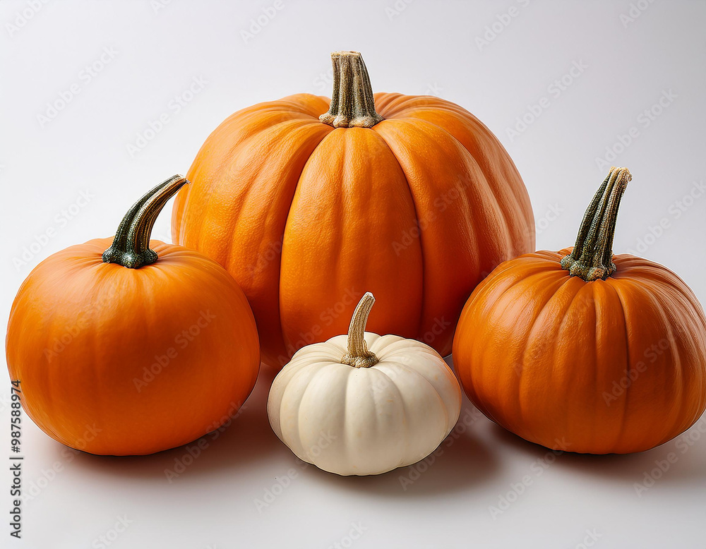 realistic pumpkin of different sizes and shapes, placed on a pure white background realistic pumpkin of different sizes and shapes, placed on a pure white background