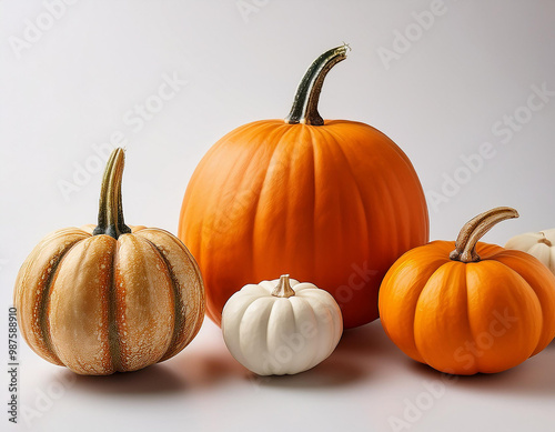 Several realistic pumpkins of different sizes and shapes, placed on a pure white background