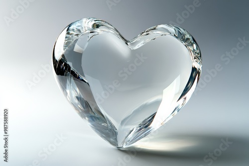 Crystal clear glass heart with reflective light effects, on solid white background, single object