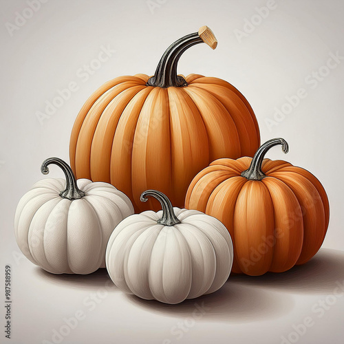 realistic pumpkin of different sizes and shapes, placed on a pure white background